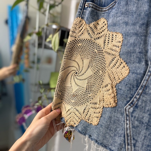 E Denim Mini Skirt Upcycled antique Lace Embellishments but EKA Erika Kelly - Picture 6 of 8
